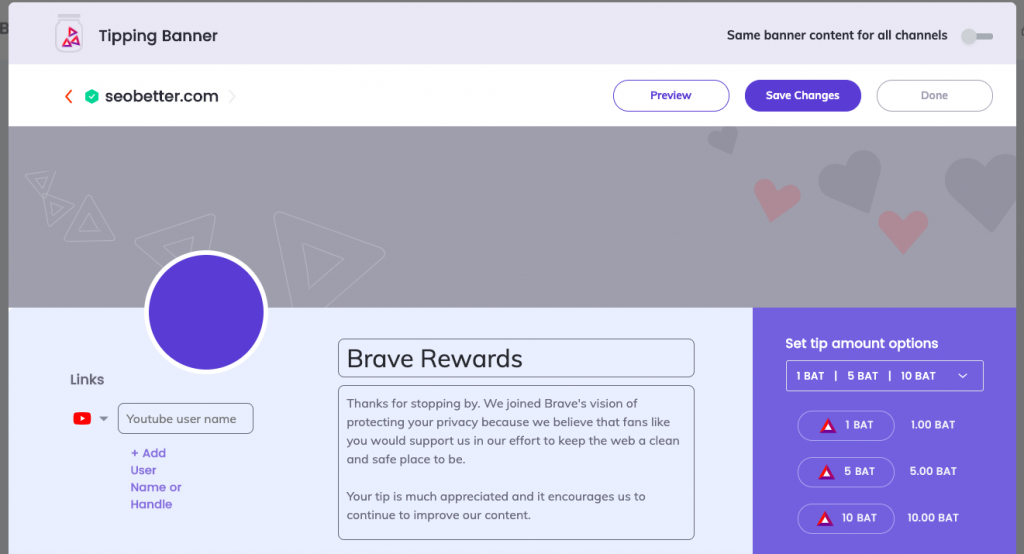 how to earn bat with brave, add details and images to your brave tipping page