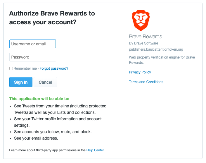 how to earn bat with brave - give access to your twitter account and brave publisher