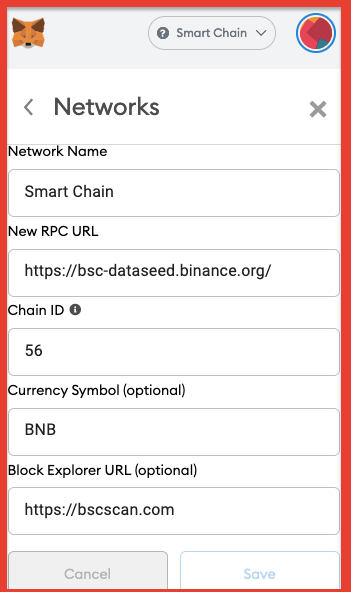 bsc smart network in metamask settings